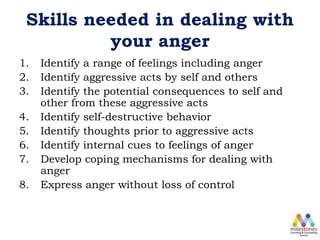 Skills needed in dealing with
your anger
1. Identify a range of feelings including anger
2. Identify aggressive acts by self and others
3. Identify the potential consequences to self and
other from these aggressive acts
4. Identify self-destructive behavior
5. Identify thoughts prior to aggressive acts
6. Identify internal cues to feelings of anger
7. Develop coping mechanisms for dealing with
anger
8. Express anger without loss of control
 