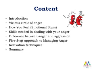 Content
• Introduction
• Vicious circle of anger
• How You Feel (Emotional Signs)
• Skills needed in dealing with your anger
• Difference between anger and aggression
• Five-Step Approach to Managing Anger
• Relaxation techniques
• Summary
 
