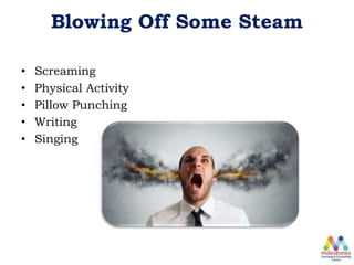 Blowing Off Some Steam
• Screaming
• Physical Activity
• Pillow Punching
• Writing
• Singing
 