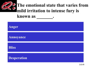 2-2-15
The emotional state that varies from
mild irritation to intense fury is
known as _______.
Anger
Annoyance
Bliss
Desperation
 