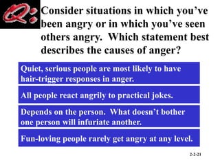 2-2-21
Consider situations in which you’ve
been angry or in which you’ve seen
others angry. Which statement best
describes the causes of anger?
Quiet, serious people are most likely to have
hair-trigger responses in anger.
All people react angrily to practical jokes.
Depends on the person. What doesn’t bother
one person will infuriate another.
Fun-loving people rarely get angry at any level.
 