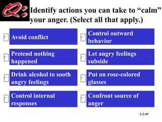 2-2-49
Identify actions you can take to “calm”
your anger. (Select all that apply.)
Avoid conflict
Control internal
responses
Drink alcohol to sooth
angry feelings
Control outward
behavior
Put on rose-colored
glasses
Confront source of
anger
Pretend nothing
happened
Let angry feelings
subside
 