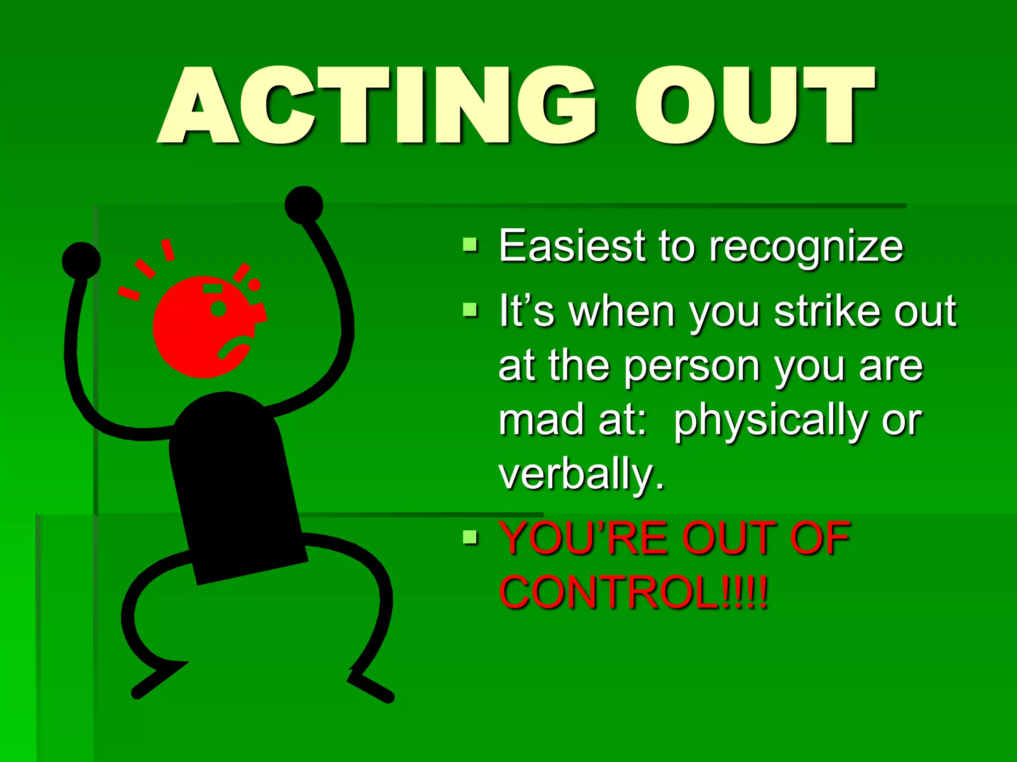 ACTING OUT
 Easiest to recognize
 It’s when you strike out
at the person you are
mad at: physically or
verbally.
 YOU’RE OUT OF
CONTROL!!!!

 
