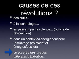 causes de ces révolutions ?des outils... à la technologie... en passant par la science... (boucle de rétro-action)dans un contexted’énergiepeuchère (esclavage,prolétariat et énergiesfossiles)ce qui crée des usages différents/génération...