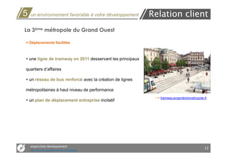 5   un environnement favorable à votre développement         Relation client
La 3ème métropole du Grand Ouest

> Déplacements facilités



    une ligne de tramway en 2011 desservant les principaux

quartiers d’affaires

    un réseau de bus renforcé avec la création de lignes

métropolitaines à haut niveau de performance
                                                              → tramway.angersloiremetropole.fr
    un plan de déplacement entreprise incitatif




    angers loire développement
    Des services opérationnels aux entreprises
                                                                                             17
 