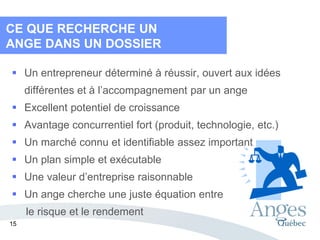  Un entrepreneur déterminé à réussir, ouvert aux idées
différentes et à l’accompagnement par un ange
 Excellent potentiel de croissance
 Avantage concurrentiel fort (produit, technologie, etc.)
 Un marché connu et identifiable assez important
 Un plan simple et exécutable
 Une valeur d’entreprise raisonnable
 Un ange cherche une juste équation entre
le risque et le rendement
CE QUE RECHERCHE UN
ANGE DANS UN DOSSIER
15
 