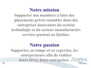 Notre mission
Supporter nos membres à faire des
placements privés rentables dans des
entreprises innovantes du secteur
technologie et du secteur manufacturier-
services partout au Québec.
Notre passion
Supporter, en temps et en expertise, les
entrepreneurs afin de réaliser
leurs rêves, leurs entreprises.
21
 