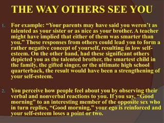 THE WAY OTHERS SEE YOU
1. For example: “Your parents may have said you weren’t as
talented as your sister or as nice as your brother. A teacher
might have implied that either of them was smarter than
you.” These responses from others could lead you to form a
rather negative concept of yourself, resulting in low self-
esteem. On the other hand, had these significant others
depicted you as the talented brother, the smartest child in
the family, the gifted singer, or the ultimate high school
quarterback, the result would have been a strengthening of
your self-esteem.
2. You perceive how people feel about you by observing their
verbal and nonverbal reactions to you. If you say, “Good
morning” to an interesting member of the opposite sex who
in turn replies, “Good morning,” your ego is reinforced and
your self-esteem loses a point or two.
 