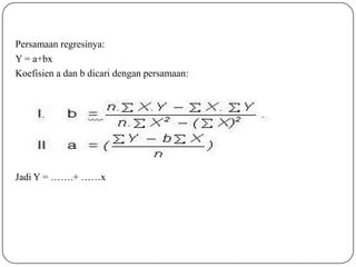 Persamaan regresinya:
Y = a+bx
Koefisien a dan b dicari dengan persamaan:
Jadi Y = …….+ ……x
 