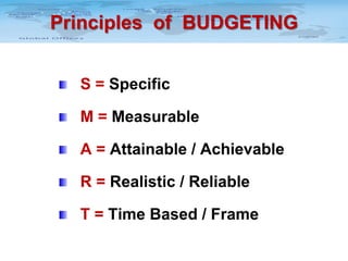 Principles of BUDGETING
S = Specific
M = Measurable
A = Attainable / Achievable
R = Realistic / Reliable
T = Time Based / Frame

 