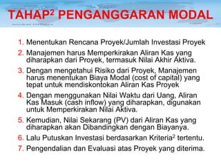 TAHAP2 PENGANGGARAN MODAL
1. Menentukan Rencana Proyek/Jumlah Investasi Proyek
2. Manajemen harus Memperkirakan Aliran Kas yang
diharapkan dari Proyek, termasuk Nilai Akhir Aktiva.
3. Dengan mengetahui Risiko dari Proyek, Manajemen
harus menentukan Biaya Modal (cost of capital) yang
tepat untuk mendiskontokan Aliran Kas Proyek
4. Dengan menggunakan Nilai Waktu dari Uang, Aliran
Kas Masuk (cash inflow) yang diharapkan, digunakan
untuk Memperkirakan Nilai Aktiva.
5. Kemudian, Nilai Sekarang (PV) dari Aliran Kas yang
diharapkan akan Dibandingkan dengan Biayanya.
6. Lalu Putuskan Investasi berdasarkan Kriteria2 tertentu.
7. Pengendalian dan Evaluasi atas Proyek yang diterima.

 