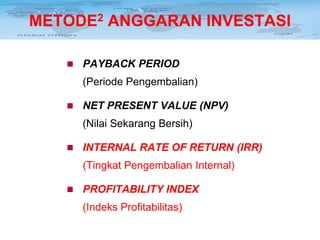 METODE2 ANGGARAN INVESTASI


PAYBACK PERIOD
(Periode Pengembalian)



NET PRESENT VALUE (NPV)
(Nilai Sekarang Bersih)



INTERNAL RATE OF RETURN (IRR)
(Tingkat Pengembalian Internal)



PROFITABILITY INDEX
(Indeks Profitabilitas)

 