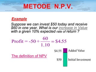 METODE N.P.V.
Example
Suppose we can invest $50 today and receive
$60 in one year. What is our increase in Value
with a given 10% expected rate of return ?

60
Profit = -50 +
= $4.55
1.10
$4.55

Added Value

The definition of NPV
$50

Initial Investment

 