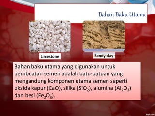 Bahan Baku Utama
Limestone Sandy clay
Bahan baku utama yang digunakan untuk
pembuatan semen adalah batu-batuan yang
mengandung komponen utama semen seperti
oksida kapur (CaO), silika (SiO2), alumina (Al2O3)
dan besi (Fe2O3).
 