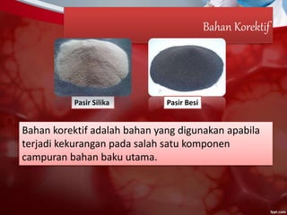 Bahan Korektif
Pasir Silika Pasir Besi
Bahan korektif adalah bahan yang digunakan apabila
terjadi kekurangan pada salah satu komponen
campuran bahan baku utama.
 
