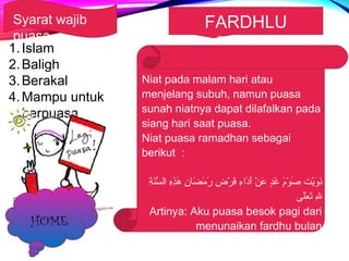 Syarat wajib 
puasa 
FARDHLU 
PUASA 
Niat pada malam hari atau 
menjelang subuh, namun puasa 
sunah niatnya dapat dilafalkan pada 
siang hari saat puasa. 
Niat puasa ramadhan sebagai 
berikut : 
نَةِ وَةِ يْضِت  صَةِ وْضِمَةِ  غَةِ دٍ ع عَةِ نْضِ أَةِ دَةِ اءِ ل فَةِ رْضِضِ ل رَةِ مَةِ ضَةِ اننِ ل هَةِ ذِ لهِ ل السَّنَنَةِ ةِ ل 
لِ ل تَةِ عَةِ لَةِ ى 
Artinya: Aku puasa besok pagi dari 
menunaikan fardhu bulan 
Ramadhan ini tahun karena Allah 
ta’ala 
Menahan diri dari segala sesuatu 
1. Islam 
2.Baligh 
3.Berakal 
4.Mampu untuk 
berpuasa 
HOME 
 
