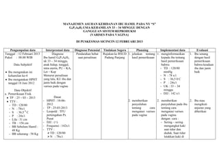 MANAJEMEN ASUHAN KEBIDANAN IBU HAMIL PADA NY “S”
                                              G4P3A0H3 USIA KEHAMILAN 33 – 34 MINGGU DENGAN
                                                       GANGGUAN SISTEM REPRODUKSI
                                                           (VARISES PADA VAGINA)

                                                       DI PUSKESMAS SICINCIN 12 FEBRUARI 2013

   Pengumpulan data            Interprestasi data     Diagnosa Potensial   Tindakan Segera        Planning        Implementasi data          Evaluasi
Tanggal : 12 Februari 2013          Diagnose           Pendarahan hebat    Rujukan ke RSUD 1. jelaskan tentang 1. menginformasikan      1. Ibu senang
Pukul : 08.00 WIB            Ibu hamil G4P3A0H3,        saat persalinan     Padang Panjang    hasil pemeriksaan    kepada ibu tentang      dengan hasil
                             uk 33 – 34 minggu,                                                                    hasil pemeriksaan       pemeriksaan
      Data Subjektif         anak hidup, tunggal,                                                                  bahwa                   bahwa keadaan
                             intra uterin, PU – KA,                                                               - TD : 120/80            ibu dan janin
  Ibu mengatakan ini         Let – Kep                                                                               mmHg                  baik
  kehamilan ke-4             Menurut persalinan                                                                   - N : 78 x/i
  Ibu mengatakan HPHT        yang lalu, KU ibu dan                                                                - S : 36,5 0 C
  tanggal 18 Juni 2012       janin baik dengan                                                                    - P : 24x/i
                             varises pada vagina                                                                  - UK : 33 – 34
       Data Objektif                                                                                                 minggu
a. Pemeriksaan Fisik                                                                                              - DJJ : 142 x/i
    TP : 25 – 03 – 2013              Dasar
    TTV :                    - HPHT : 18-06-                                                2. memberikan        2. memberikan          2. Ibu mau
   - TD : 120/80               2012                                                            penyuluhan           penyuluhan pada ibu    mengikuti
   - N : 78x/i               - TP : 25-03-2013                                                 tentang      cara    tentang cara           anjuran yang
   - S : 36,5 0 C            - Leopold : TFU                                                   mengatasi varises    mengatasi varises      diberikan
   - P : 24x/i                 pertengahan Px                                                  pada vagina          pada vagina
   - Lila : 31 cm              Pusat                                                                                dengan cara :
   - TB : 156 cm             - DJJ : (+)                                                                            - Sering – sering
   - BB Sebelum Hamil :      - Frequensi : 142x/i                                                                     mengangkat kaki
     48 Kg                   - TTV :                                                                                  saat tidur dan
   - BB sekarang : 58 Kg        TD : 120/80                                                                          duduk. Saat tidur
                                N : 78x/i                                                                            letakkan kaki di
 