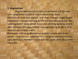 3. Augmentasi
       Augmentasi adalah proses penambahan zat sisa dan
            3. Augmentasi
urea yang mulai terjadi di tubulus kontortus distal.
            Augmentasi adalah proses penambahan zat
Dari tubulus-tububulus ginjal, urin akan menuju rongga ginjal,
            sisa dan urea yang mulai terjadi di tubulus
selanjutnya menuju distal.
            kontortus
                        kantong kemih melalui saluran ginjal. Jika
            Dari tubulus-tububulus ginjal, urin akan
kantong kemih telah penuh terisi urin,menuju kantong kemih
            menuju rongga ginjal, selanjutnya dinding
akan tertekan sehingga melalui saluran inginJika
            kantong kemih timbul rasa ginjal. buang air kecil. Urin
akan keluar melalui uretra. penuh terisi urin, dinding
            kantong kemih telah
            kantong kemih akan tertekan sehingga timbul
Komposisi urin yangbuang air kecil. Urin akan keluar adalah air,
            rasa ingin dikeluarkan melalui uretra
garam, urea melalui uretra.
             dan sisa substansi lain, misalnya pigmen empedu
            Komposisi urin yang dikeluarkan melalui uretra
yang berfungsi memberi warna dan bau pada urine atau urine
            adalah air, garam, urea dan sisa substansi lain,
sekunder misalnya pigmen empedu yang berfungsi
             memberi warna dan bau pada urin.
 