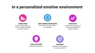 In a personalized emotive environment
USING DATA
Tap into a song, playlist, or
even an emotion to engage
the modern listener
EFFECTIVLY
Combines the uniqueness of
Video and the targeting
quality of display
SAFE & SOUND
Brand safe environment
SCALABLE
Targeting millions of mobile
users across MENA
100% COMPLETION RATES
1 ad every 15 minutes, 30sec,
non-skippable
 