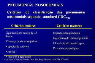 PNEUMONIAS NOSOCOMIAIS
  Critérios de classificação das pneumonias
  nosocomiais segundo standard CDC.(1)

       Critérios maiores                                   Critérios menores

 Aparecimento dentro de 72                             Expectoração purulenta
 horas
                                                       Isolamento do microorganismo
 Presença de sinais objetivos:
                                                       Elevado título deanticorpos
 • opacidade torácica
                                                       Prova histo-patológica
 • rancos
 • macicez à percussão
(1) Center of Disease Control. Am. Rev. Resp. Disease 1989; 139: 1058-59   36
 