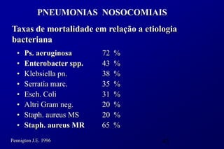 PNEUMONIAS NOSOCOMIAIS
Taxas de mortalidade em relação a etiologia
bacteriana
  •   Ps. aeruginosa      72   %
  •   Enterobacter spp.   43   %
  •   Klebsiella pn.      38   %
  •   Serratia marc.      35   %
  •   Esch. Coli          31   %
  •   Altri Gram neg.     20   %
  •   Staph. aureus MS    20   %
  •   Staph. aureus MR    65   %
Pennigton J.E. 1996                    43
 