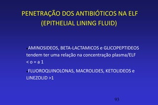 PENETRAÇÃO DOS ANTIBIÓTICOS NA ELF
     (EPITHELIAL LINING FLUID)


 AMINOSIDEOS, BETA-LACTAMICOS e GLICOPEPTIDEOS
 tendem ter uma relação na concentração plasma/ELF
 <o=a1
 FLUOROQUINOLONAS, MACROLIDES, KETOLIDEOS e
 LINEZOLID >1



                                       93
 