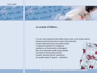 Le scarpe di Milena… mario agati E' un po' come quando compri delle scarpe nuove, e non sai per quanto tempo le porterai prima che la suola si sfasci del tutto. E quali strade percorrerai con quelle scarpe?  Ti capiterà di perderti? Te le bagnerai,  cadendo in un fiumiciattolo di montagna? Non sai se indosserai quelle scarpe quando incontrerai il tuo prossimo moroso.  E quanti "prossimi morosi" incontrerai  con quelle scarpe? E quale di … (Ephelion) 