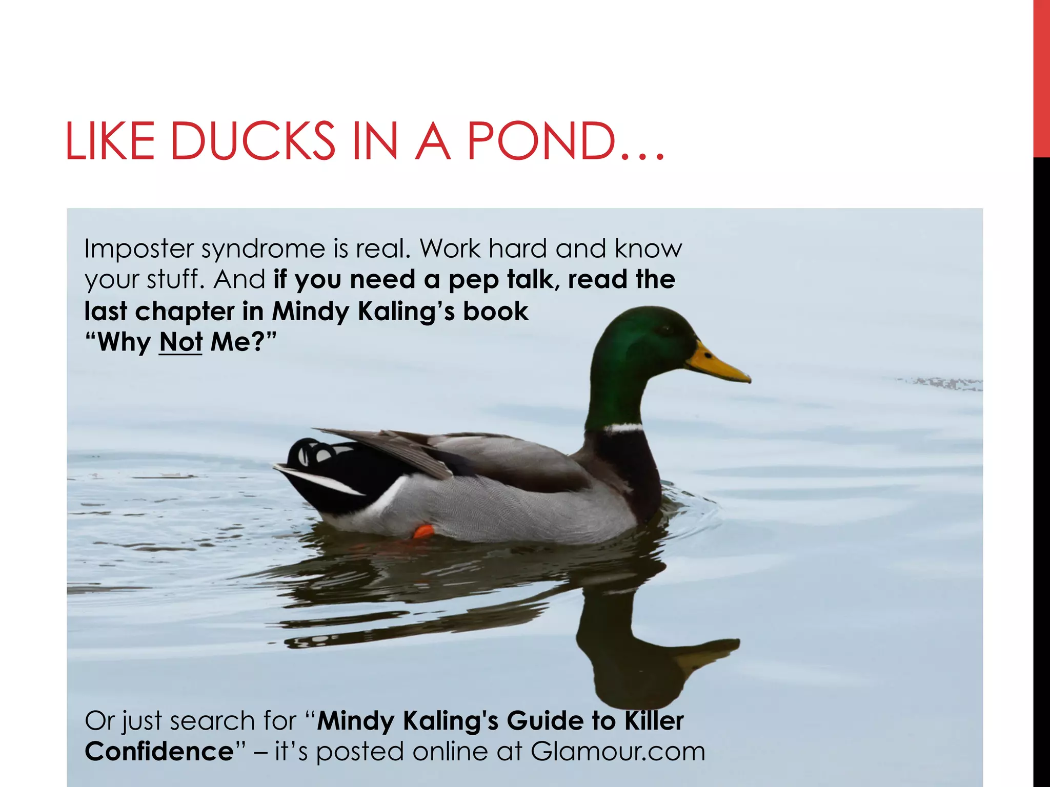 LIKE DUCKS IN A POND…
Imposter syndrome is real. Work hard and know
your stuff. And if you need a pep talk, read the
last chapter in Mindy Kaling’s book
“Why Not Me?”
Or just search for “Mindy Kaling's Guide to Killer
Confidence” – it’s posted online at Glamour.com
 