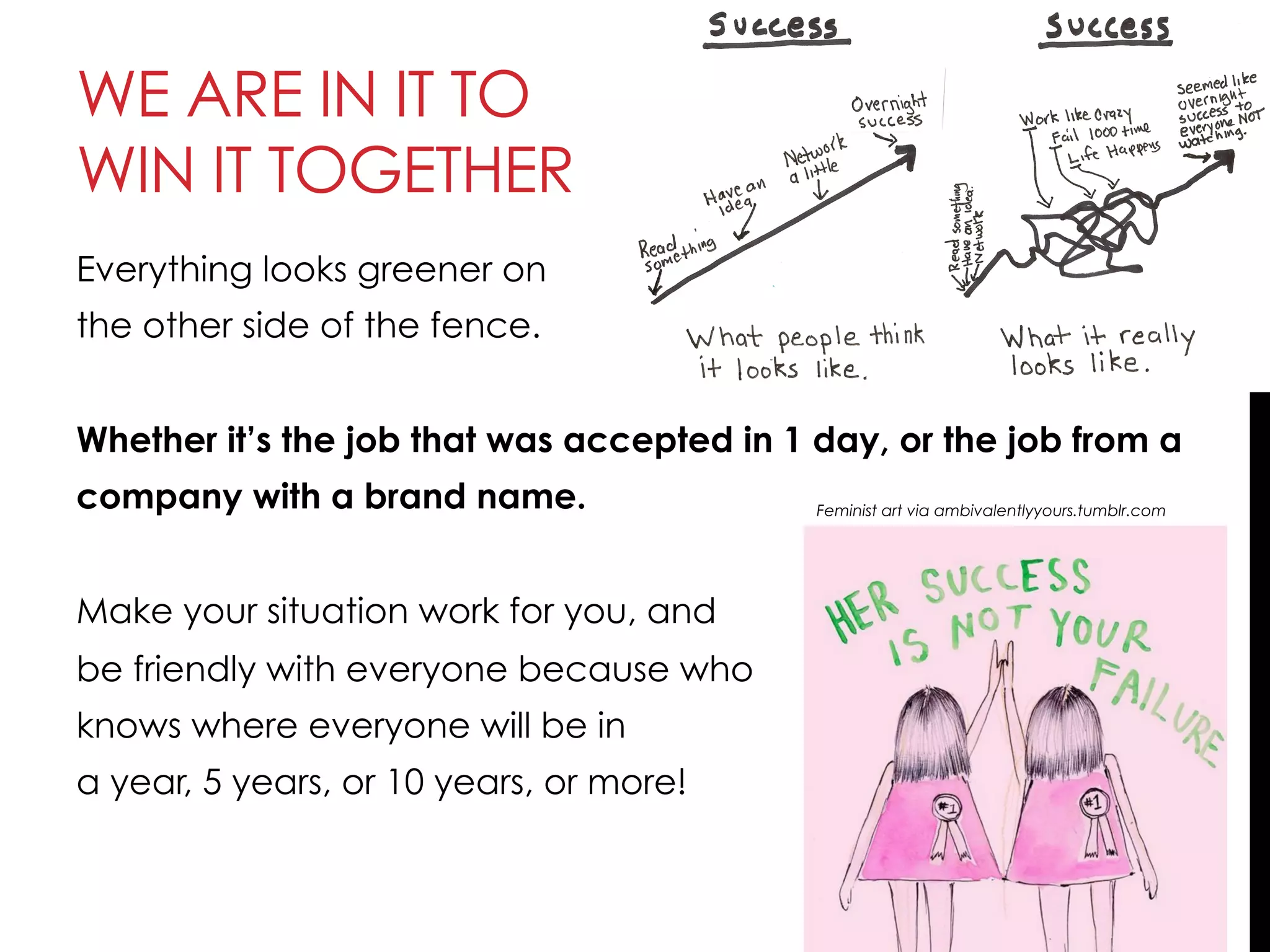 WE ARE IN IT TO
WIN IT TOGETHER
Everything looks greener on
the other side of the fence.
Whether it’s the job that was accepted in 1 day, or the job from a
company with a brand name.
Make your situation work for you, and
be friendly with everyone because who
knows where everyone will be in
a year, 5 years, or 10 years, or more!
Feminist art via ambivalentlyyours.tumblr.com
 