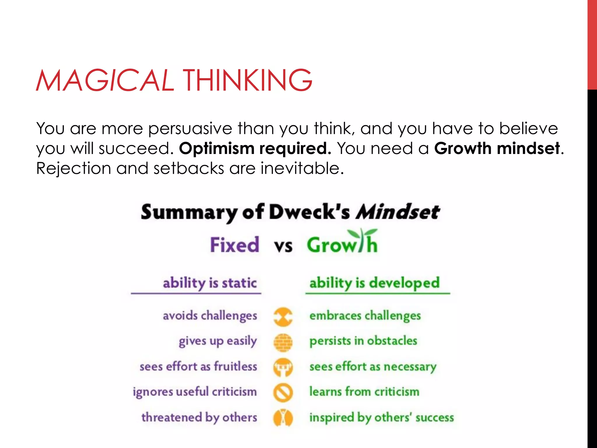 MAGICAL THINKING
You are more persuasive than you think, and you have to believe
you will succeed. Optimism required. You need a Growth mindset.
Rejection and setbacks are inevitable.
 