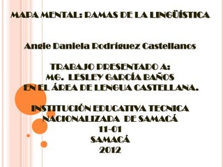 MAPA MENTAL: RAMAS DE LA LINGÜÍSTICA
Angie Daniela Rodríguez Castellanos
TRABAJO PRESENTADO A:
MG. LESLEY GARCÍA BAÑOS
EN EL ÁREA DE LENGUA CASTELLANA.
INSTITUCIÓN EDUCATIVA TECNICA
NACIONALIZADA DE SAMACÁ
11-01
SAMACÁ
2012
 