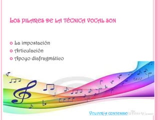 La impostación
 Articulación
 Apoyo diafragmático


VOLVER A CONTENIDO

 