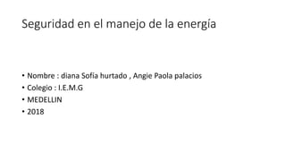 Seguridad en el manejo de la energía
• Nombre : diana Sofía hurtado , Angie Paola palacios
• Colegio : I.E.M.G
• MEDELLIN
• 2018
 