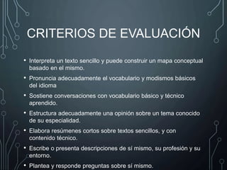 CRITERIOS DE EVALUACIÓN
• Interpreta un texto sencillo y puede construir un mapa conceptual
basado en el mismo.
• Pronuncia adecuadamente el vocabulario y modismos básicos
del idioma
• Sostiene conversaciones con vocabulario básico y técnico
aprendido.
• Estructura adecuadamente una opinión sobre un tema conocido
de su especialidad.
• Elabora resúmenes cortos sobre textos sencillos, y con
contenido técnico.
• Escribe o presenta descripciones de sí mismo, su profesión y su
entorno.
• Plantea y responde preguntas sobre sí mismo.
 