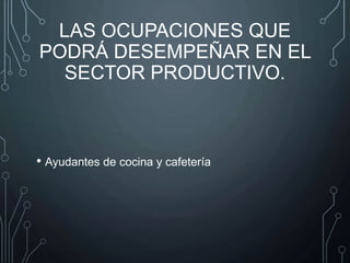 LAS OCUPACIONES QUE
PODRÁ DESEMPEÑAR EN EL
SECTOR PRODUCTIVO.
• Ayudantes de cocina y cafetería
 