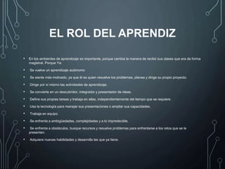 EL ROL DEL APRENDIZ
• En los ambientes de aprendizaje es importante, porque cambia la manera de recibir sus clases que era de forma
magistral. Porque Ya:
• Se vuelve un aprendizaje autónomo
• Se siente más motivado, ya que él es quien resuelve los problemas, planea y dirige su propio proyecto.
• Dirige por sí mismo las actividades de aprendizaje.
• Se convierte en un descubridor, integrador y presentador de ideas.
• Define sus propias tareas y trabaja en ellas, independientemente del tiempo que se requiere.
• Usa la tecnología para manejar sus presentaciones o ampliar sus capacidades.
• Trabaja en equipo.
• Se enfrenta a ambigüedades, complejidades y a lo impredecible.
• Se enfrenta a obstáculos, busque recursos y resuelva problemas para enfrentarse a los retos que se le
presenten.
• Adquiere nuevas habilidades y desarrolla las que ya tiene.
 