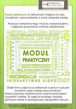Szkolenia na miarę Twoich oczekiwań




                                                www.doradca-biznesowy.com



                  to aktywności mające na celu
utrwalenie i wprowadzenie w życie zdobytej wiedzy.

  Podczas wdrażania tego modułu wykorzystujemy
    najlepsze sprawdzone metody szkoleniowe:




 Dzięki temu zajęcia są ciekawsze a praca w grupie
        zacieśnia więzy między pracownikami.
Moduł pozwala wyeliminować ewentualne błędy i
uzupełnić wiedzę. Te zajęcia rozwijają i dodają
pewności siebie w posługiwaniu się językiem obcym.
  Spółka wpisana do rejestru Sądu Rejonowego dla Wrocławia-Fabrycznej we Wrocławiu,
    VI WYDZIAŁ GOSPODARCZY KRAJOWEGO REJESTRU SĄDOWEGO NR KRS 0000340369
                           NIP: 895-19-60-353 REGON: 021103353
 
