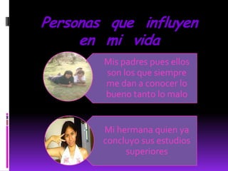 Personas que influyen
     en mi vida
        Mis padres pues ellos
        son los que siempre
        me dan a conocer lo
        bueno tanto lo malo


        Mi hermana quien ya
        concluyo sus estudios
             superiores
 