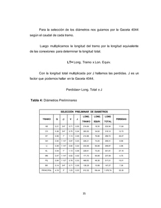 35
Para la selección de los diámetros nos guiamos por la Gaceta 4044
según el caudal de cada tramo.
Luego multiplicamos la longitud del tramo por la longitud equivalente
de las conexiones para determinar la longitud total.
LT= Long. Tramo x Lon. Equiv.
Con la longitud total multiplicada por J hallamos las perdidas. J es un
factor que podemos hallar en la Gaceta 4044.
Perdidas= Long. Total x J
Tabla 4: Diámetros Preliminares
SELECCIÓN PRELIMINAR DE DIAMETROS
TRAMO Q   V J
LONG. LONG. LONG
PERDIDAS
TRAMO EQUIV. TOTAL
AB 0,21 3/4" 0,71 0,05 214,64 18,30 232,94 11,64
CD 0,36 3/4" 0,75 0,04 283,50 34,62 318,12 12,72
EF 0,56 1" 1,13 0,09 212,86 76,86 289,72 26,07
GH 0,50 1 1/4" 0,67 0,03 226,21 73,20 299,41 8,98
IJ 0,48 1 1/4" 0,60 0,02 233,99 65,88 299,87 2,98
KL 0,54 1" 1,13 0,09 228,61 73,20 301,81 27,16
MN 0,47 1 1/4" 0,62 0,02 171,70 65,88 237,58 4,75
PQ 0,84 1 1/2" 0,78 0,03 468,83 48,38 517,21 15,51
BR 0,14 3/4" 0,71 0,05 136,29 10,98 147,27 7,36
PRINCIPAL 4,74 3" 1,03 0,03 912,30 164,44 1.076,74 32,30
 