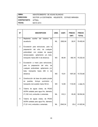 41
OBRA: ABASTECIMIENTO DE AGUAS BLANCAS
DIRECCION: SECTOR LA COSTANERA, HIGUEROTE, ESTADO MIRANDA
CONTRATANTE: UPTBAL
FECHA: MAYO 2014
Nº DESCRIPCION UNID. CANT. PRECIO
UNIT.
PRECIO
TOTAL
1 Replanteo auxiliar del sistema de
acueducto ML 2952,64 26,91 79.455,54
2 Excavación para estructuras, para la
preparación del sitio, de cualquier
profundidad, con empleo de equipo
retroexcavador, apilamiento y/o bote,
transporte hasta 200 m de distancia. M3 88,49 850,18 75.232,43
3 Excavación a mano para estructuras,
para la preparación del sitio, de
cualquier profundidad, apilamiento y/o
bote, transporte hasta 200 m de
distancia M3 15,61 1007,29 15.723,80
4 Construcción de base de piedra picada
en puentes. Incluye suministro y
transporte de la piedra hasta 50 km. M3 12,69 1133,55 4.384,75
5 Tubería de aguas claras, de PEAD
ASTM soldada para agua fría, diámetro
4" (102 mm), embutida o enterrada. ML 912,3 65,28 59.554,94
6 Tubería de aguas claras, de PEAD
ASTM soldada para agua fría, diámetro
2" (51 mm), embutida o enterrada. ML 2040,34 20,4 41.622,94
 