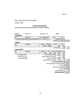 63
Cantidad: 1,00
No Und Cantidad Desp Total
1 SG 1,0000 0,0 30.000,00
30.000,00 30.000,00
No Total
1 0,00
0,00 0,00
No Bono Tot.Bono Total Jornal
1 0,00 0,00 0,00 0,00
0,00 0,00 0,00
0,00 0,00
#¡DIV/0! 0,00 0,00
0,00
30.000,00
4.500,00
34.500,00
3.450,00
37.950,00
0,00
37.950,00
Descripción Precio
Partida: 21
OBRA: AGUAS BLANCAS SECTORLA COSTANERA
Contratante: UPTBAL
ANALISIS DEPRECIO UNITARIO
CONTRATACIONDEMANO DEOBRA ESPECIALIZADA PARA PRUEBA DEPRESION
UNIDAD: SG Rendimiento: 1,00 CODIGO:
1.-MATERIALES
3.-MANO DEOBRA
CONTRATACIONDEMANO DEOBRA ESPECIALIZADA PARA PRUEBA DEPRESION 30.000,00
Total Materiales:
2.-EQUIPOS
Descripción Cantidad COP/Dep Precio
0,0000 0,000000 0,00
Total Equipos:
Descripción Cantidad Jornal
0,00 0,00
No. Trabajadores: Sub-Total Mano de Obra:
Horas Hombre: 407,00% Prestaciones Sociales:
Costo Bs./HH: Total Jornal y Bono:
Sub-Total C:
0,00% Financiamiento:
PRECIO UNITARIO Bs:
Total General Mano de Obra: 0,00
Costo Directo Sub-Total A:
15,00% Administración y Gastos Generales:
Sub-Total B:
10,00% Imprevisto y Utilidad:
 