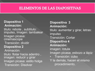 Diapositiva 1                    Diapositiva 3
 Animación:                      Animación:
titulo: rebote , subtitulo:      titulo: aumentar y girar, letras:
impulso, Imagen: tambalear       impulso
Imagen picasa:                   Transición: Cortar
cinemascope
 Transición: dividir             Diapositiva 4
Diapositiva 2                    Animación:
 Animación:                      imagen: rotula
titulo: flotar hacia adentro ,   Imagen picasa: esbozo a lápiz
imagen: reducir y girar          • Transición: cubo
Imagen picasa: estilo holga      Y la demás, hacen el mismo
 Transición: Disolver                 procedimiento.
 