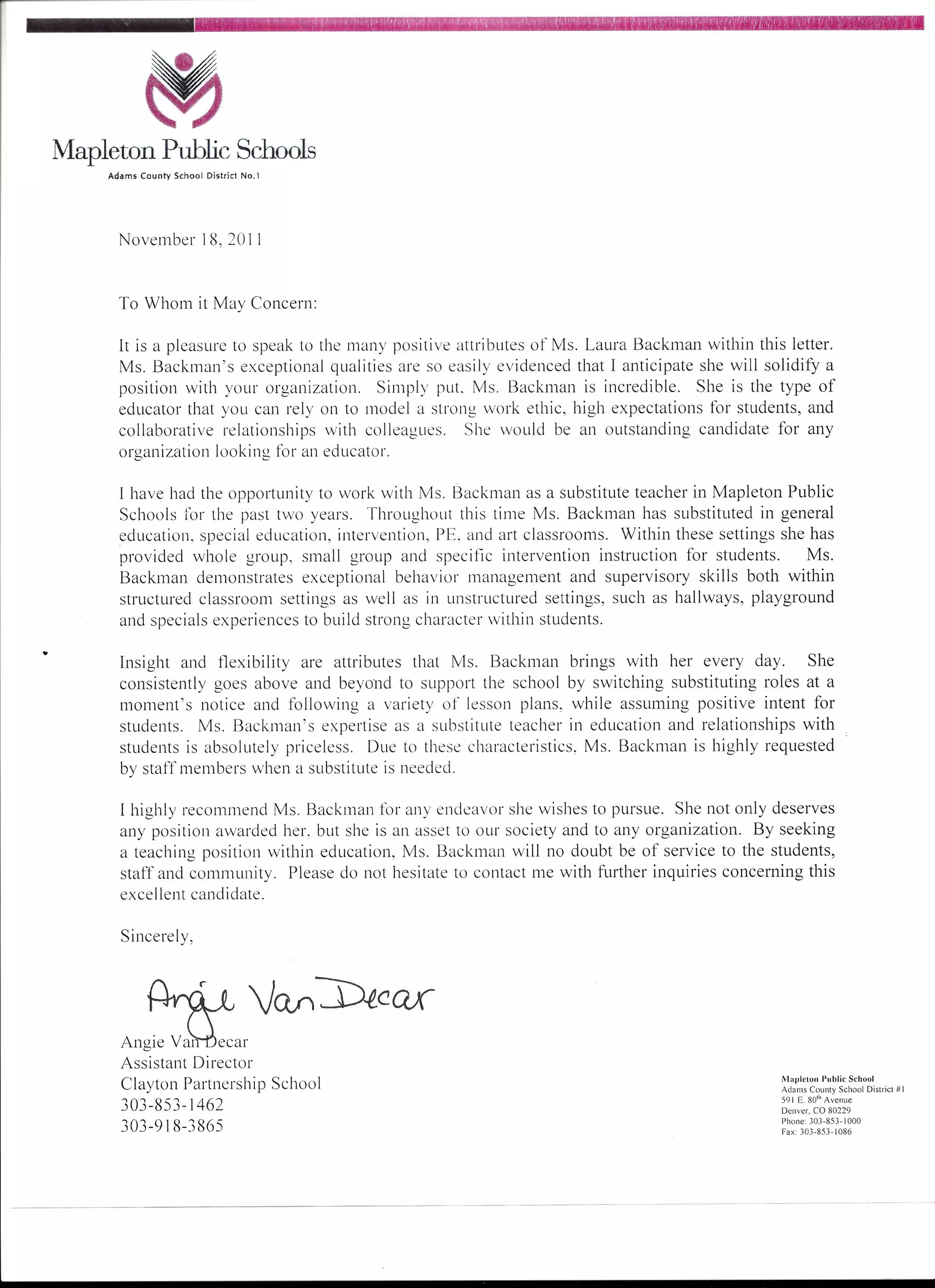 Angie Van Decar Assistant Director