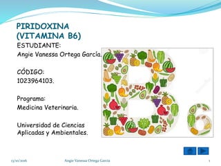PIRIDOXINA
(VITAMINA B6)
ESTUDIANTE:
Angie Vanessa Ortega García.
CÓDIGO:
1023964103.
Programa:
Medicina Veterinaria.
Universidad de Ciencias
Aplicadas y Ambientales.
Angie Vanessa Ortega García 113/10/2016
 