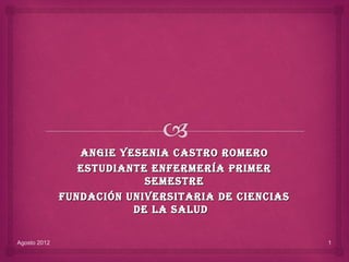 Angie YeseniA CAstro romero
                 estudiAnte enfermeríA primer
                           semestre
              fundACión universitAriA de CienCiAs
                         de lA sAlud

Agosto 2012                                         1
 