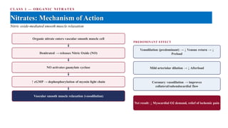 CLASS 1 — ORGANIC NITRATES
Nitrates: Mechanism of Action
Nitric oxide-mediated smooth muscle relaxation
Organic nitrate enters vascular smooth muscle cell
Denitrated → releases Nitric Oxide (NO)
NO activates guanylate cyclase
↑ cGMP → dephosphorylation of myosin light chain
Vascular smooth muscle relaxation (vasodilation)
PREDOMINANT EFFECT
Venodilation (predominant) → ↓ Venous return → ↓
Preload
Mild arteriolar dilation → ↓ Afterload
Coronary vasodilation → improves
collateral/subendocardial flow
Net result: ↓ Myocardial O2 demand, relief of ischemic pain
 