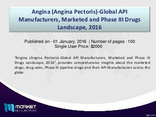 Angina (Angina Pectoris)-Global API
Manufacturers, Marketed and Phase III Drugs
Landscape, 2016
“Angina (Angina Pectoris)-Global API Manufacturers, Marketed and Phase III
Drugs Landscape, 2016”, provides comprehensive insights about the marketed
drugs, drug sales, Phase III pipeline drugs and their API Manufacturers across the
globe.
Published on - 01 January, 2016 | Number of pages : 100
Single User Price: $2000
 