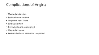 Complications of Angina
• Myocardial infarction
• Acute pulmonary edema
• Congestive heart failure
• Cardiogenic shock
• Dysrhythmias and cardiac arrest
• Myocardial rupture
• Pericardial effusion and cardiac tamponade
 