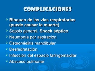 ccoommpplliiccaacciioonneess 
 BBllooqquueeoo ddee llaass vvííaass rreessppiirraattoorriiaass 
((ppuueeddee ccaauussaarr llaa mmuueerrttee)) 
 SSeeppssiiss ggeenneerraall.. SShhoocckk ssééppttiiccoo 
 NNeeuummoonnííaa ppoorr aassppiirraacciióónn 
 OOsstteeoommiieelliittiiss mmaannddiibbuullaarr 
 DDeesshhiiddrraattaacciióónn 
 IInnffeecccciióónn ddeell eessppaacciioo ffaarriinnggoommaaxxiillaarr 
 AAbbsscceessoo ppuullmmoonnaarr 
 