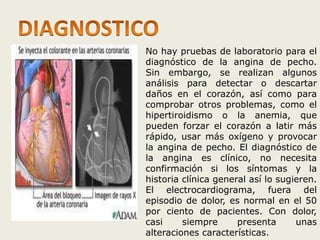 No hay pruebas de laboratorio para el 
diagnóstico de la angina de pecho. 
Sin embargo, se realizan algunos 
análisis para detectar o descartar 
daños en el corazón, así como para 
comprobar otros problemas, como el 
hipertiroidismo o la anemia, que 
pueden forzar el corazón a latir más 
rápido, usar más oxígeno y provocar 
la angina de pecho. El diagnóstico de 
la angina es clínico, no necesita 
confirmación si los síntomas y la 
historia clínica general así lo sugieren. 
El electrocardiograma, fuera del 
episodio de dolor, es normal en el 50 
por ciento de pacientes. Con dolor, 
casi siempre presenta unas 
alteraciones características. 
 